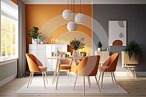 Interior design of modern dining room with orange furniture and wooden table, Scandinavian style. Generative AI