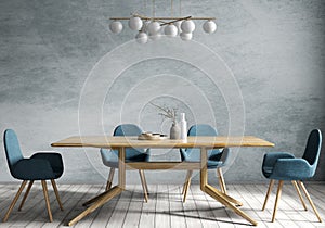 Interior design of modern dining room, wooden table and blue chairs 3d rendering