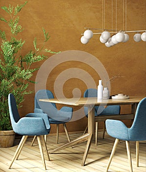 Interior design of modern dining room, wooden table and blue chairs 3d rendering