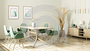 Interior design of modern dining room, wooden table and gree chairs 3d rendering