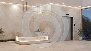 Interior design of a modern elegance office building hall with reception desk, pendant, elevator