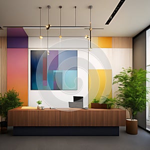 Interior design of a modern elegance office building hall with reception desk, pendant, elevator. Generative AI