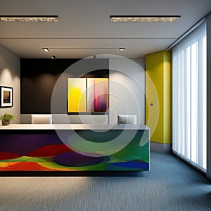 Interior design of a modern elegance office building hall with reception desk, pendant, elevator. Generative AI