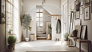 Interior design of modern entrance hall with doors and stairs. Created with generative AI