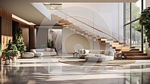 Interior design of modern entrance hall with staircase in luxury villa, soft wood and white colors, majestic stairway
