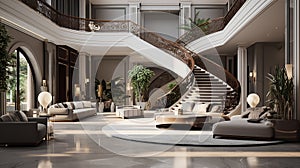 Interior design of modern entrance hall with staircase in luxury villa, soft wood and white colors, majestic stairway