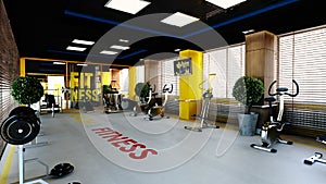 Interior design of modern gym realistic 3D rendering