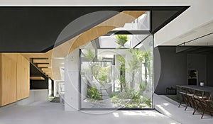 The interior design of modern hallways blends perfectly with nature. Stylish home landscaping.
