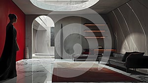 The interior design of a modern hotel room with a marble floor, a black sofa and a black sofa, Generative AI illustrations