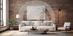 Interior design of modern industrial living room with brick wall and wooden paneling. Home design with white sofa. 3d rendering