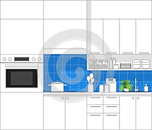 Interior design with modern kitchen in black line sketch on colorful background