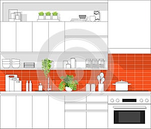 Interior design with modern kitchen in black line sketch on colorful background
