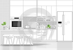 Interior design with modern kitchen in black line sketch on white background