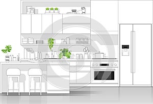 Interior design with modern kitchen in black line sketch on white background