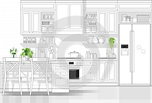 Interior design with modern kitchen in black line sketch on white background