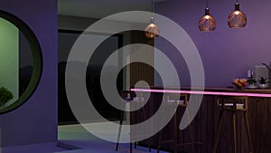 Interior design of a modern kitchen at night with counter bar, stools, neon lights