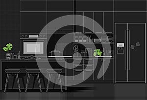 Interior design with modern kitchen in white line sketch on black background