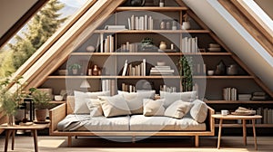 Interior design of modern living room in attic, Sofa against shelving unit with books in house