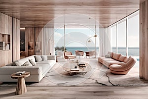 Interior design of modern living room in beach house on sea cost. Created with generative AI