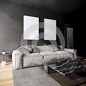 Interior design of modern living room. blank picture frame mock up and sofa on black wall