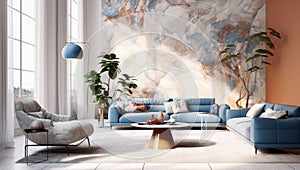 Interior design of modern living room with blue sofas and gray armchair. Created with generative AI