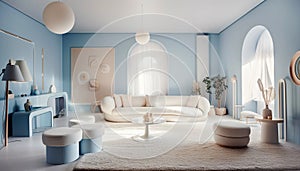 Interior design of modern living room with blue walls. Created with generative Ai technology