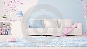 Interior design of a modern living room in blue, with a white sofa and a pink plaid, 3d rendering