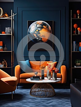 Interior design of modern living room with dark blue walls and orange furniture