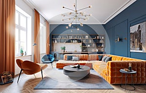 Interior design of modern living room with dark blue walls and orange furniture. Created with generative AI