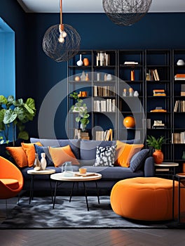 Interior design of modern living room with dark blue walls and orange furniture