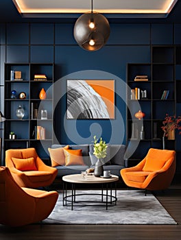 Interior design of modern living room with dark blue walls and orange furniture