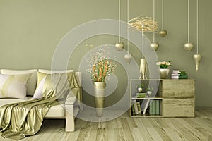 Interior design of modern living room in green, with sofa and golden plaid, 3d rendering