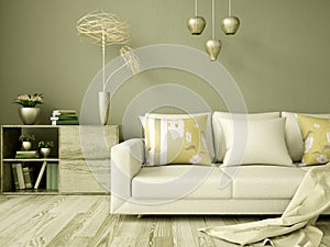 Interior design of modern living room in green, with sofa and pastel plaid 3d rendering