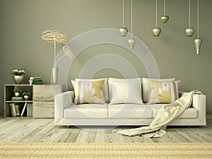 Interior design of a modern living room in green, with a sofa and a pastel plaid and plants, 3d rendering