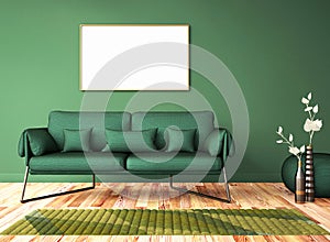 Interior design of modern living room with green sofa, plant vase and mock up poster frame on wall, copy space background, 3d