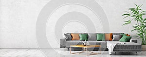 Interior design of modern living room with grey sofa and coffee table 3d rendering