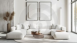 Interior design of modern living room interior with white boucle modular sofa, round coffee table, cube, mock up poster frame,