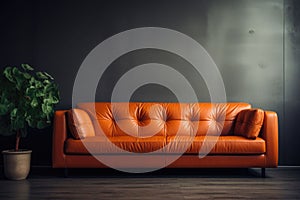 Interior design of modern living room with orange leather sofa and home plants. AI generated
