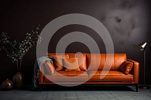 Interior design of modern living room with orange leather sofa and home plants. AI generated