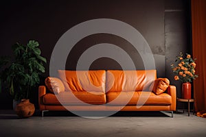 Interior design of modern living room with orange leather sofa and home plants. AI generated