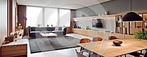 Interior design of modern living room panorama. Created with generative AI