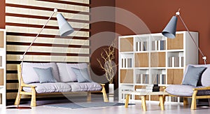 Interior design of modern living room with sofa, bookcase, coffee table, 3d rendering