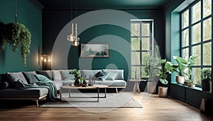 Interior design of modern living room. Sofa in front of deep green wall. Created with generative Ai technology