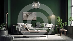 Interior design of modern living room. Sofa in front of deep green wall. Created with generative Ai technology
