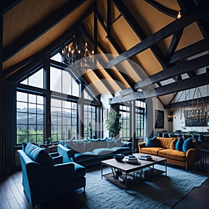 Interior Design of Modern Living Room With Timber Beams And Vaulted Ceiling, Large Windows With View, Sofas and Armchairs,