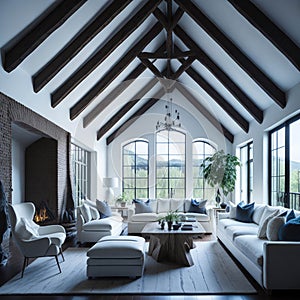 Interior Design of Modern Living Room With Timber Beams And Vaulted Ceiling, Large Windows With View, Sofas and Armchairs,