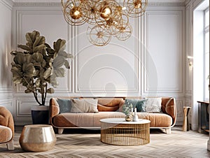 Interior design of modern living room with velvet terra cotta sofa. Created with generative AI