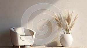 Interior design of modern living room with white upholstered barrel chair