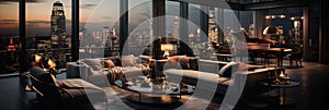 Interior Design modern Living room, windows show stunning view of the city skyline, Empty room apartment