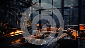 Interior Design modern Living room, windows show stunning view of the city skyline, Empty room apartment